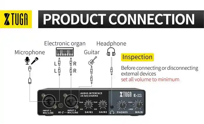 XTUGA E22 Audio Interface Sound Card with Monitoring,Electric Guitar Live Recording Professional Sound Card For Studio